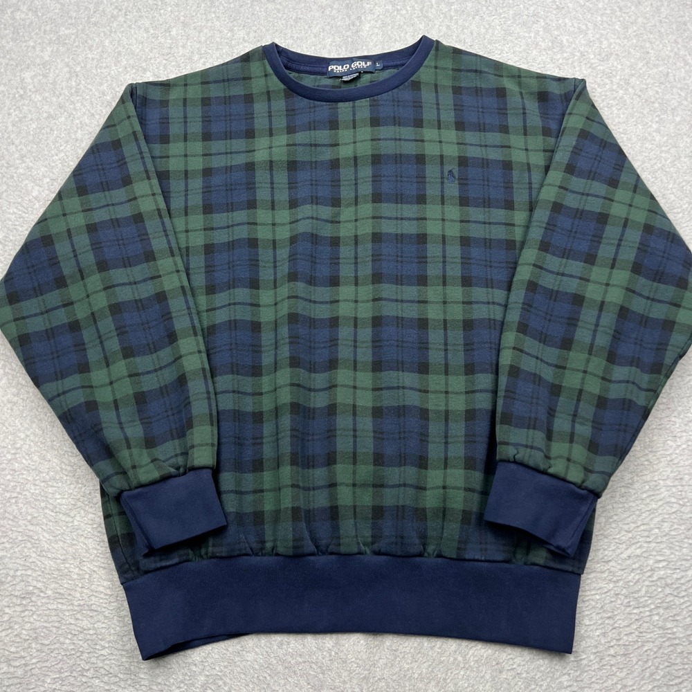 Polo Golf Ralph Lauren Sweatshirt Mens Large Blue Green Plaid Black Watch Crew
